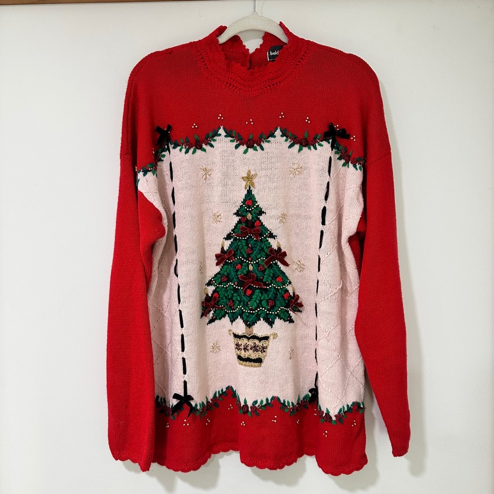 Beldoch Popper‎ Vintage Christmas Sweater XL Tall Red Embroidered Tree Ramie